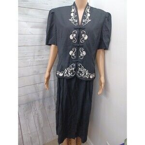 Karin Stevens Black White Dress Asian Style Embroidery Sz 16